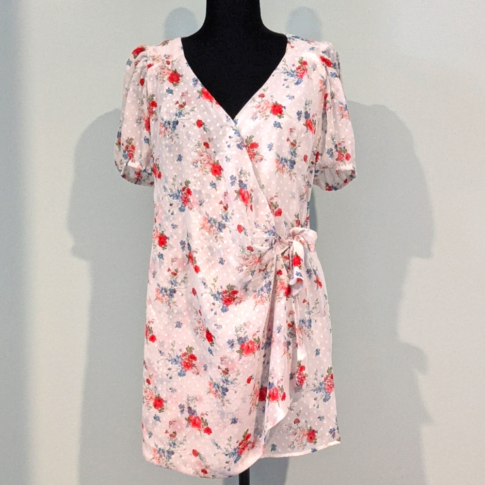 Floral swiss dot faux wrap dress